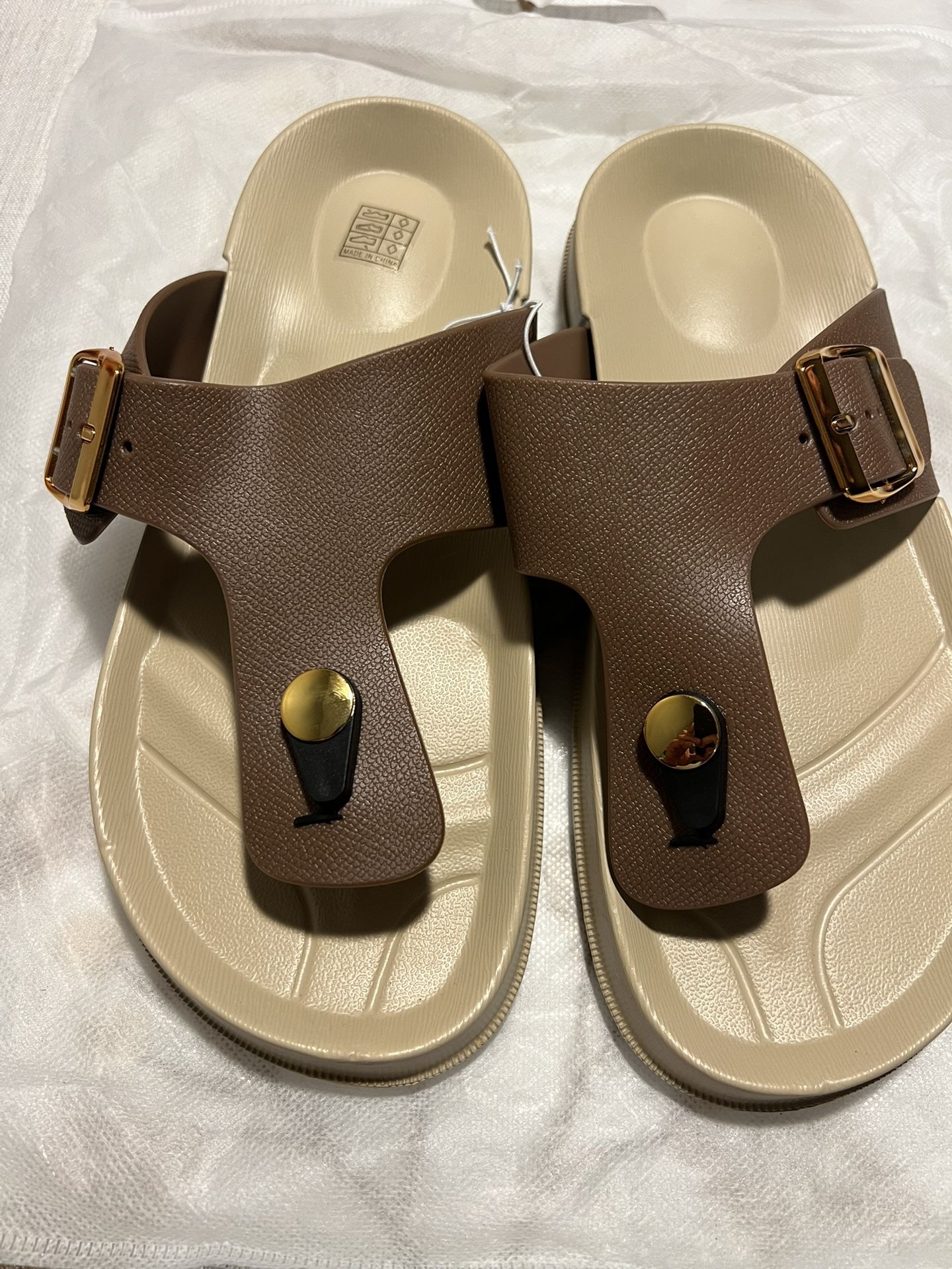 Beige brown golden strap sandal