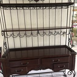 Elegant Wood & Wrought Iron Baker's Rack with Wine Storage