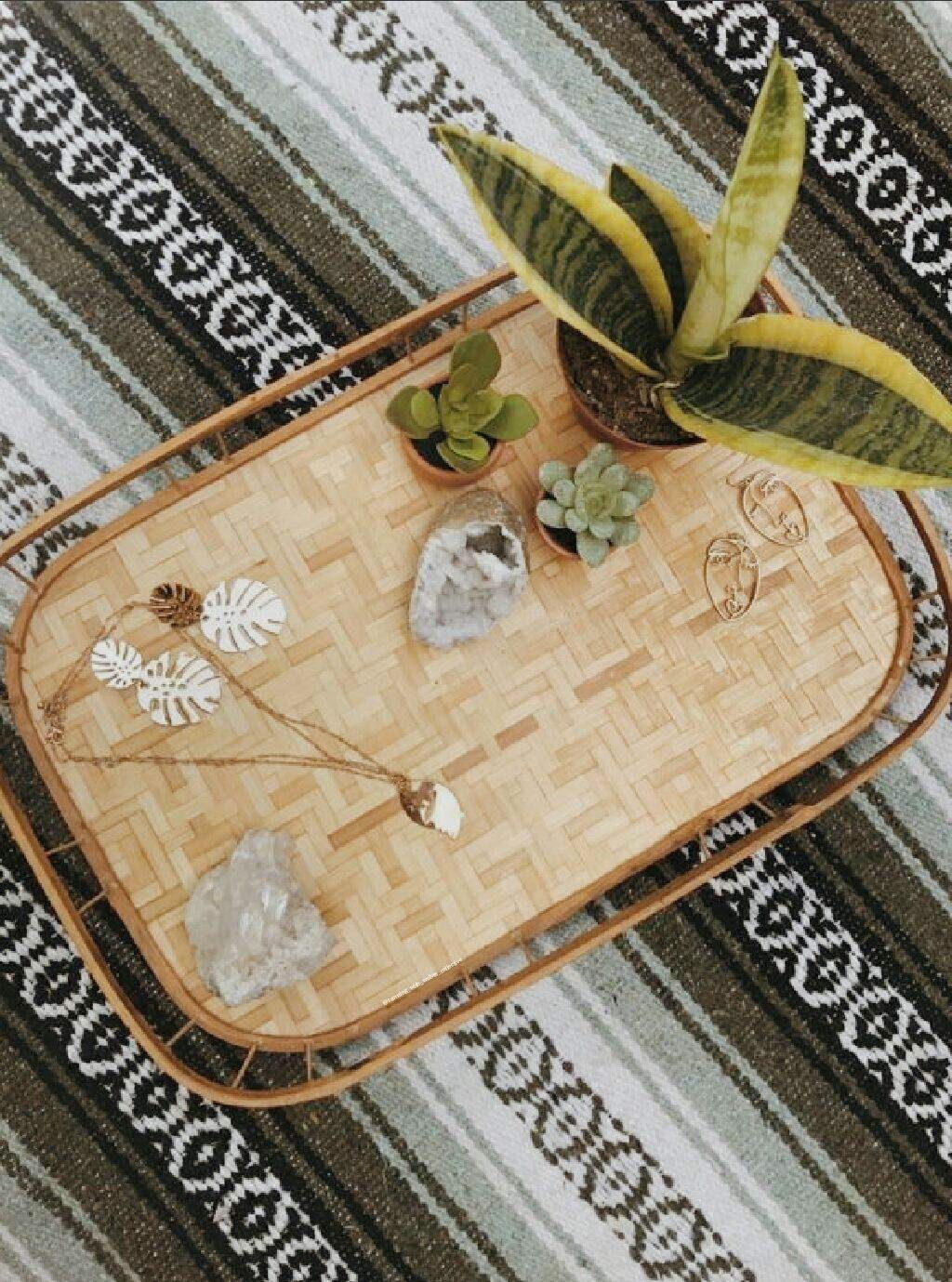 Vintage tropical bamboo and wicker tray/serving tray /boho home decor