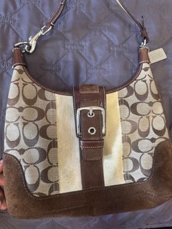 Coach Vintage 2000s Brown Signature Canvas Suede Trim Hobo Bag