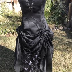 Halloween Costume ROBERTA Black Satin Fitted Bodice Strapless Dress with Front “Bustle”, Skull Pins, Safety Pins. Faux Leather, Grommets, Skull Lace