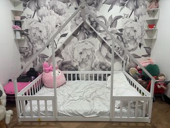 Full Size White Wooden House Montessori Floor Bed Frame + Mattress