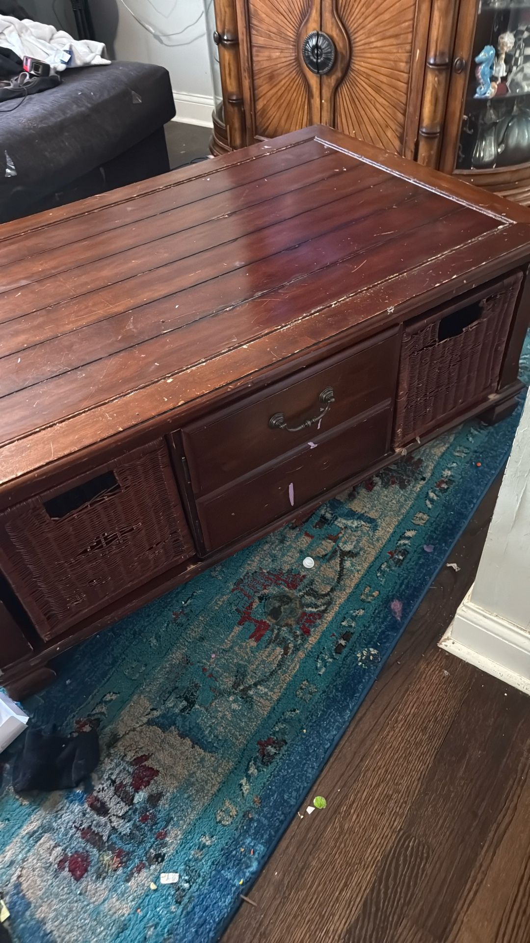 Dark Brown Used Wood Coffee Table With Storage Baskets
