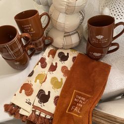 Fall Lot 3 Towels/stacked Pumkin/set Of 6 Coffee Mugs