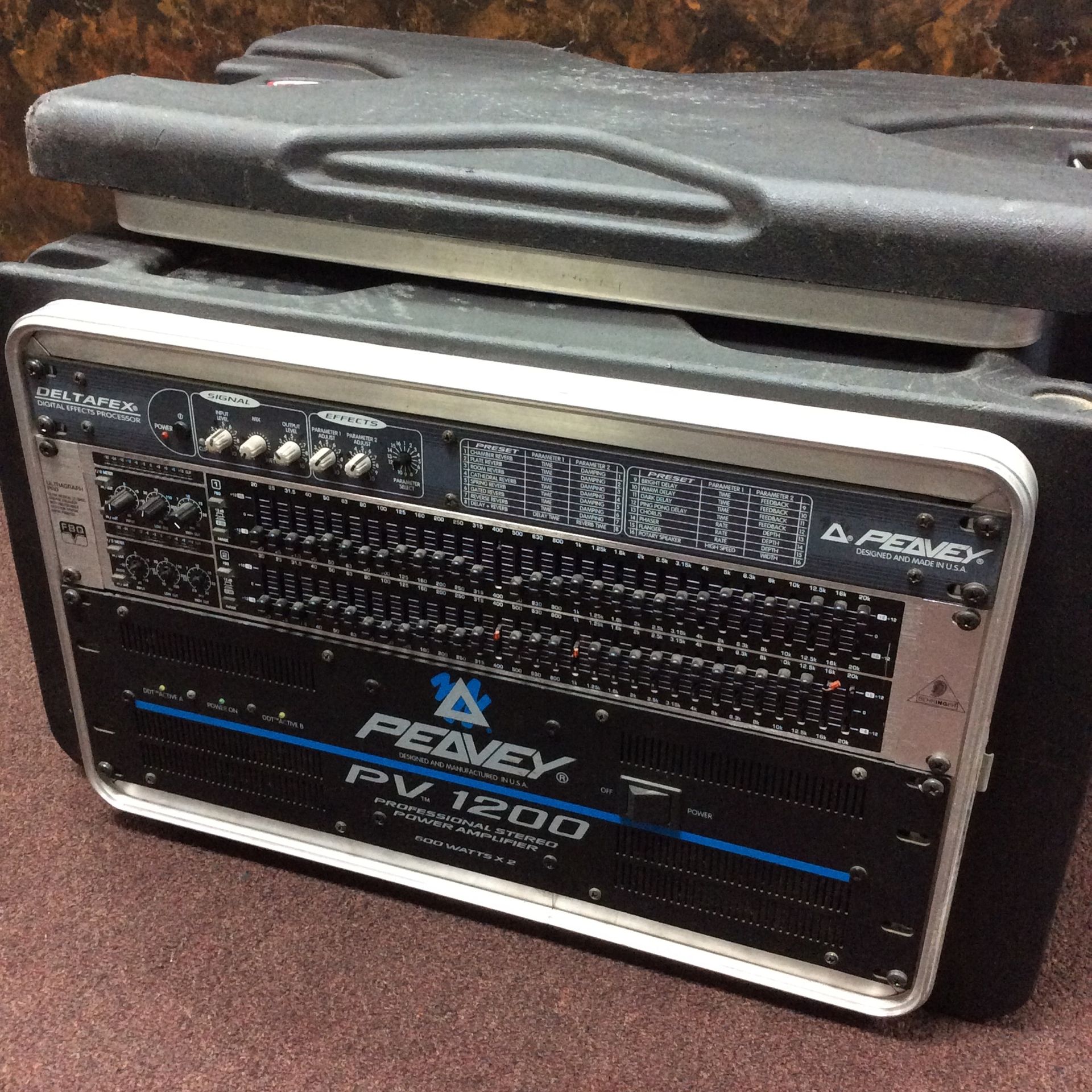 Peavey PV1200 Stereo Power Amp, Deltafex Digi Effects Process, Behringer FBQ3102