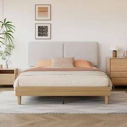 Upholstered Bed Frame with Linen Fabric Headboard, Strong Wood Slats Supports Platform Bed, Queen Size Bed, Beige