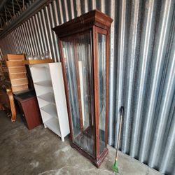 Vintage Mahogany Wood Solid Wood Glass Curio Cabinet With Four Shells And The Door Open And Lights Up