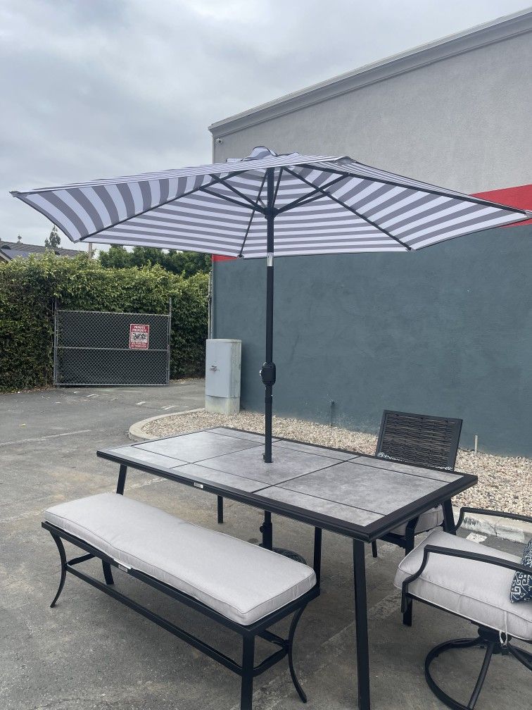 6pc patio set with umbrella Outsunny Dining Set, 6 Piece, Outdoor Umbrella, Folding Chairs & Round Table Folding chairs offer convenient storage and portability PHI VILLA Black 6-Piece Metal