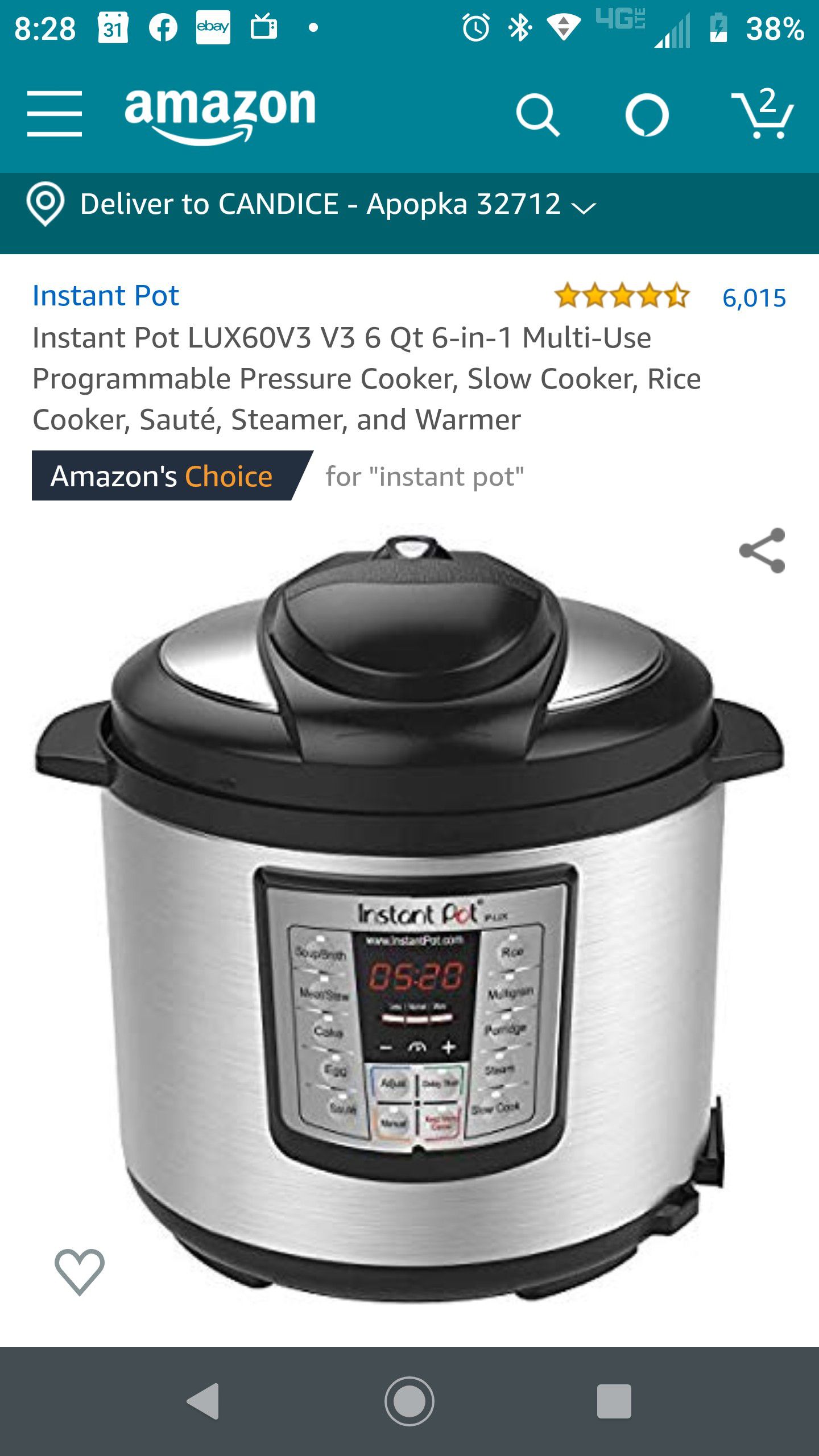 Instant Pot LUX60V3 V3 6 Qt 6-in-1 Multi-Use Programmable Pressure Cooker, Slow Cooker, Rice Cooker, Sauté, Steamer, and Warmer