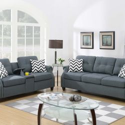 2-Piece Sofa Set
Sofa & Loveseat W/USB Console-Blue Grey

Color: Blue Gray.   Bonito Set De Sofas De 2 Piezas Con Conector USB  Color Gris 
