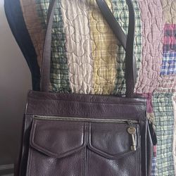 Fossil Brown Leather Handbag With Key . Double Compartments O. Front 