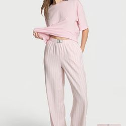 PINK Flannel Short-Sleeve Long Tee Pajama Set