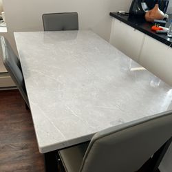 Hooseng Dining Table Set for 4, Modern Faux Marble Kitchen Table with 4 PU Leather Chairs, 5-Piece Small Dining Room Table Set for Dinette, Breakfast 