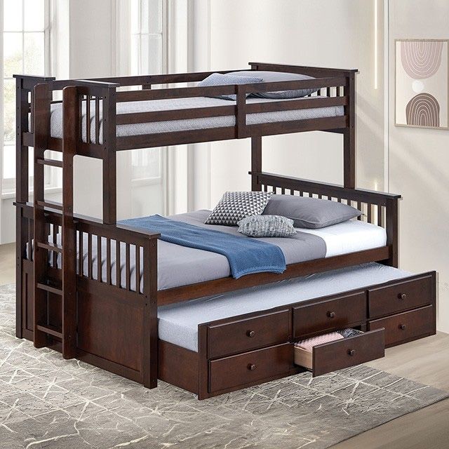 Twin Over Full Bunk Bed Frame With Twin Trundle And Drawers In Dark Brown Finish