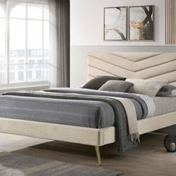 Brand New Beige Mid Century Modern Style Queen Bed Frame (Available In California & Eastern King)