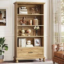 NY147 6-Shelf Bookcase with Drawer, 71 Inch Tall Floor Standing Bookshelf with Solid Wood Legs, 6-Tier Large Display Storage Book Shelves for Living R