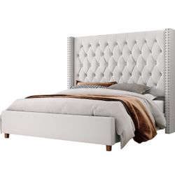 Queen Size Bed Frame with 61.4" Tall Headboard, Velvet Upholstered Wingback