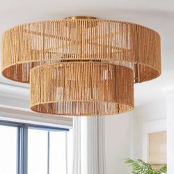 21” Rattan Light Fixtures Ceiling Light? 2-Tier Wicker Boho Chandelier With Hand Woven Brushed Brass Finish Shade For Bedroom Kitchen Entryway