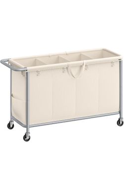 Laundry Basket with Wheels, 4-Section Rolling Laundry Hamper, 68.6 Gallons (260 L), Removable Liner, Steel Frame with Handle