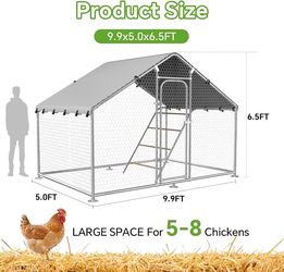 10 x 5 x 6.4 FT Metal Chicken Coop, Chicken Run with Cover Walk-in Chicken Coop,Side Hardware Cloth,Waterproof Cover,Roosting Perch,Reinforced frame,B