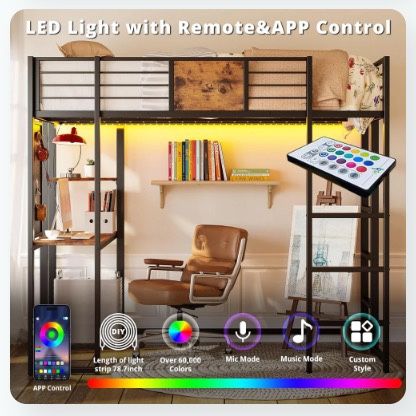 Twin size Loft Bed with Desk, Shelves and LED Lights