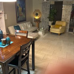 High Top Table and Chairs, White Leather Sofa/futon/ Yellow Chair