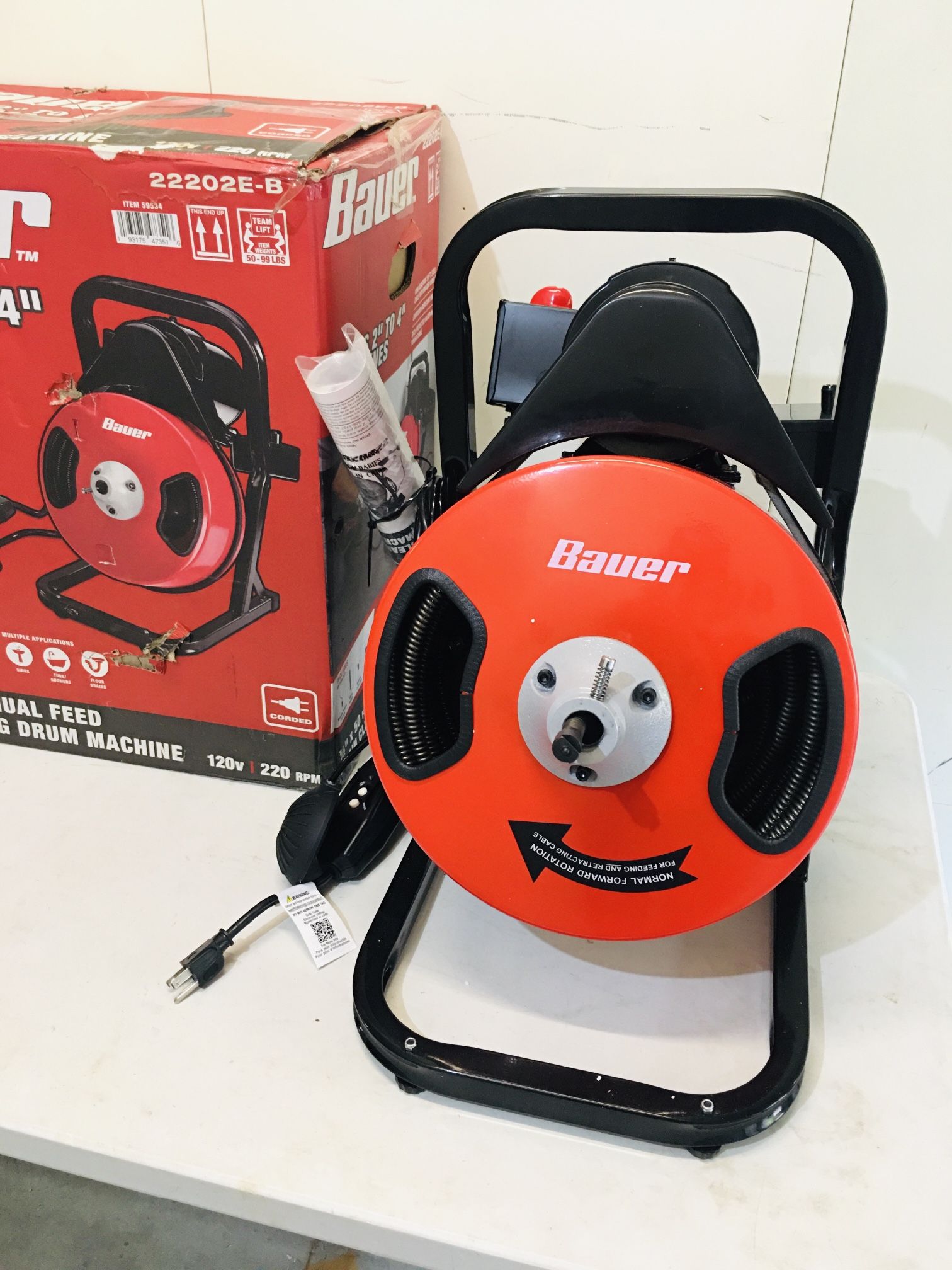 BAUER 1/2” 50 FT. Manual Feed Drain Cleaning Drum Machine 2” To 4” Drain Cleaner Snake 220 RPM