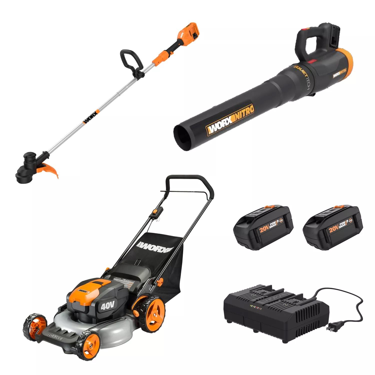 New in box Worx 40v Combo, Includes 20" Push Mower, 13" String Trimmer, Quiet Tech Blower