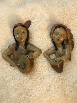 2 Vtg. Chalkware Native American Indian Girl(s), Singing & Playing a Drum, Wall Art. 