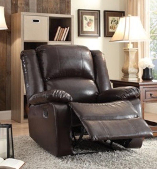 Brown faux leather recliner finger pull recliner