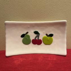 Cherry Pear Apple Decorative Plate Fused Glass Art Square 11”W x 6”L