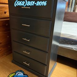 SOLID WOOD Black Five Drawer Dresser With Bar Handles 