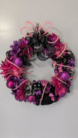 Handcrafted Halloween Floral Wreath with Black Cat & Pink Spiders
