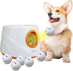 Dog Ball Launcher, Automatic Ball Launcher for Dogs 6 ETPU Balls ETPU Balls, 3 Distance Settings 20/30/45ft, USB Rechargeable, Indoor Outdoor Fetch To