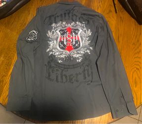 Vintage Southpole Y2K Truth & Liberty. Embroidered Grey Button Down Shirt Mens 4XL