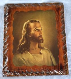 Vtg Jesus Christ Warner Sallman Litho Print On Wood Lacquer Finish Wall Decor
