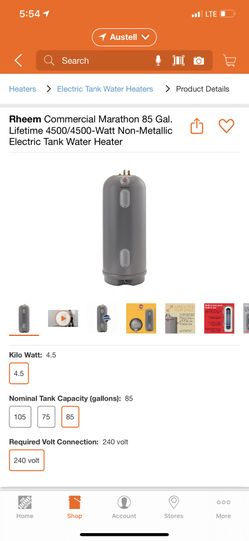 Rheem 85gal commercial electric water heater