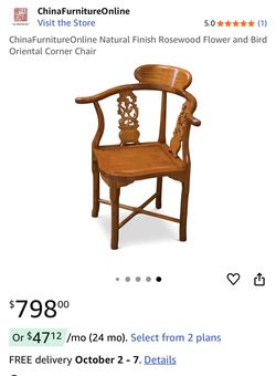 Two Natural Finish Rosewood Flower and Bird Oriental Corner Chairs