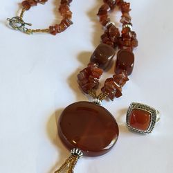 Set Vintage Carnelian Gemstones Including A Heavy Necklace And A Ring