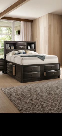 Dark Wood Queen Bed with Storage Drawers