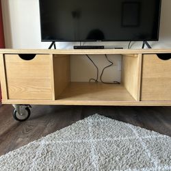 Wooden Coffee Table - With Glass Insert, Drawers, And Locking Wheels