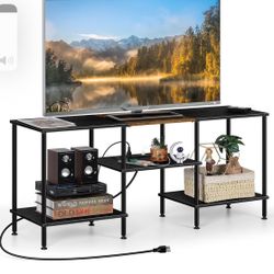 OYEAL Black Bedroom TV Stand with Storage Cabinet up to 50 inch TV, Small TV Console Table with Power Outlets