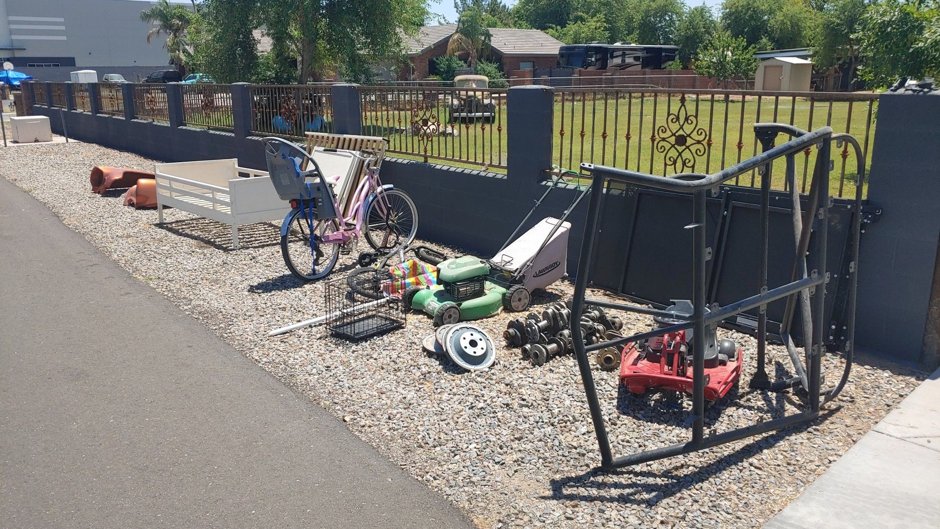 Free , steel, bunk bed , lawn mower and 57 Chevy Fenders