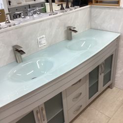 72” Bathroom Vanity Cabinet New Solid Wood Fully Assembled Softclose Drawers Doors Tempered Glass Top 2 Sinks Integrated Ready For Pick Up Today