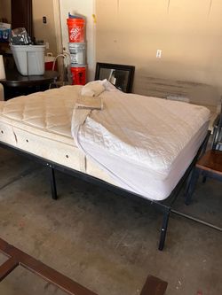 Queen bed frames and mattress, 6ft metal mirror, 2metal chairs,