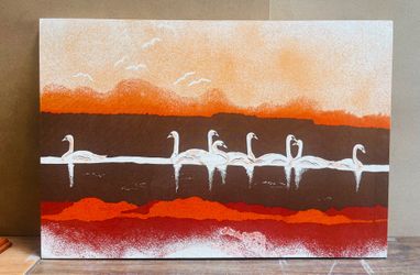 Mid Century Vintage Textile Screen Art Print Swans 🦢
