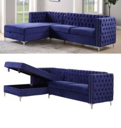 new blue velvet sectional with storage