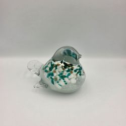 Hand Blown Art Glass Fat Bird Figurine Paperweight Teal Green White Copper