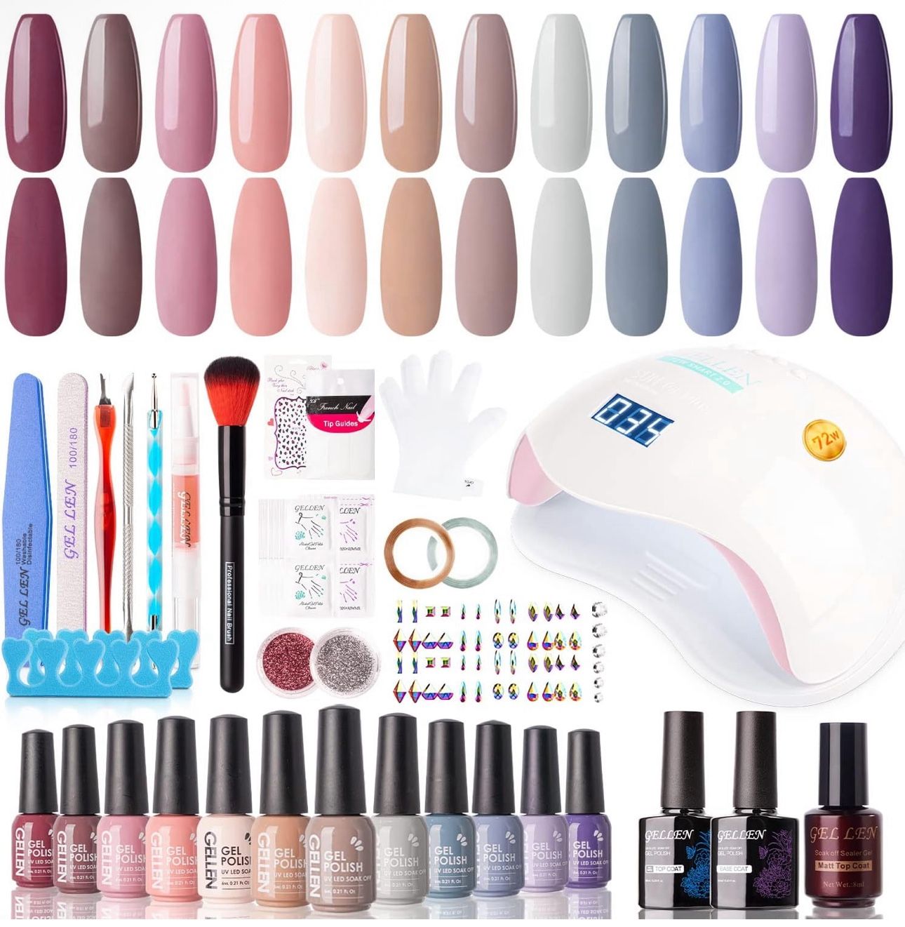 Gellen Gel Nail Polish Kit with U V LED Light 72W Nail Dryer, 12 Gel Nail Colors
