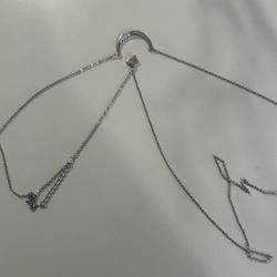 diamond beaded crescent moon and star outline lariat pendant necklace. 